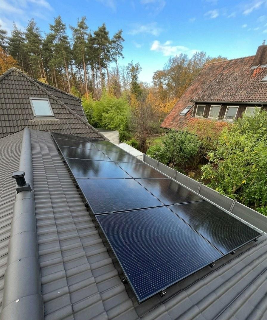 Photovoltaikanlage mit schwarzen Solarmodulen auf einem grauen Ziegeldach im Herbst